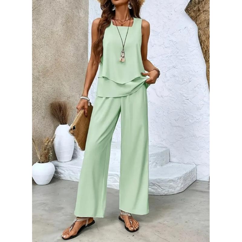 Women's Loose Fit Two Piece Outfit Sleeveless Tank Top High Waist Wide Leg Pants Set With 3D Abstract Print For Casual Summer Daily Wear