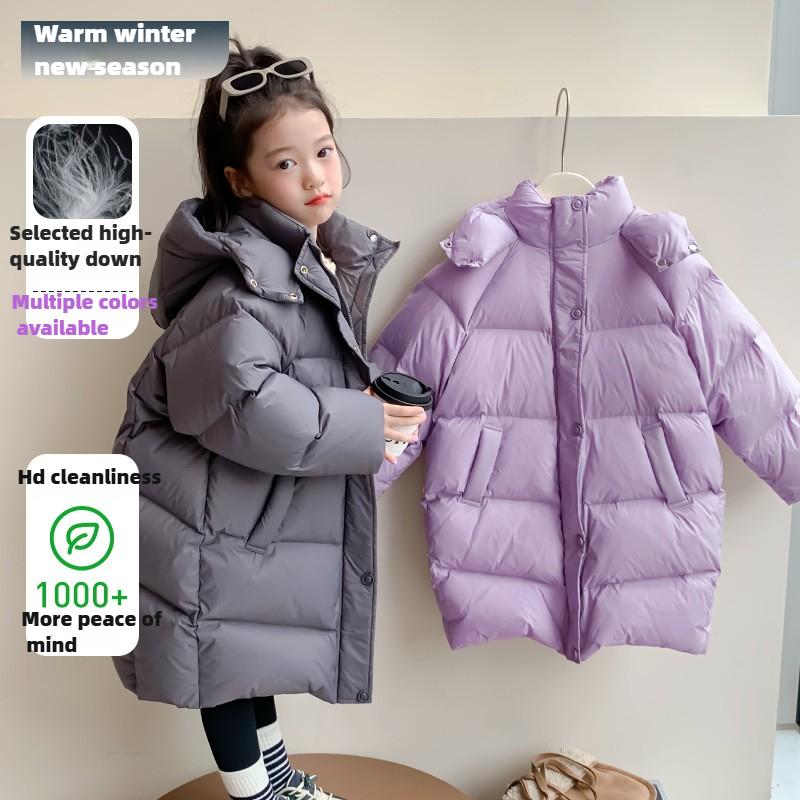 Down Jacket White Goose Down Long Korean Style Winter Clothes for Middle-aged Children Thickened Coat with Hooded Fashionable Cotton Coat