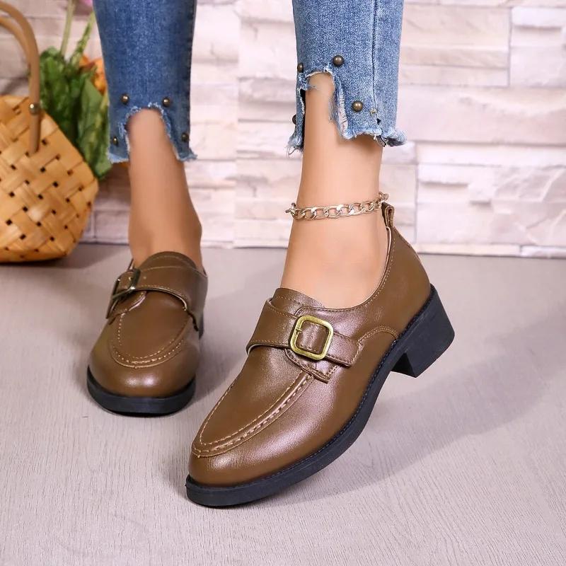 Fashion Women's Thick Heel Shoes Autumn New Round Head Deep Mouth Metal Buckle Thick Sole Anti-slip Wear-resistant Low-top Shoes