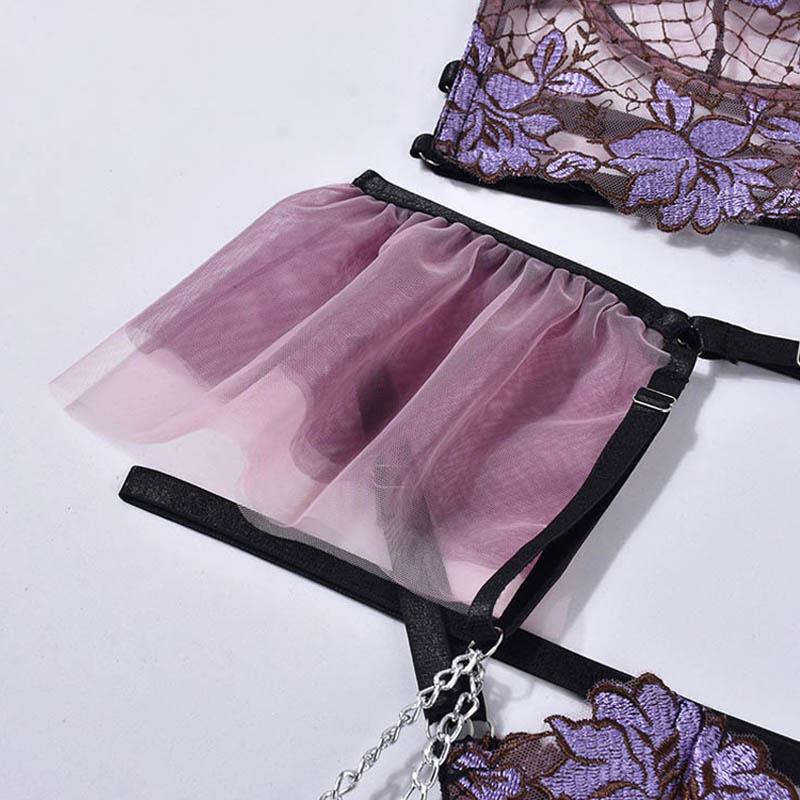 TERMEZY Sexy Lace Lingerie French Thin Transparent Underwear Female Embroidery Brassiere 3-Piece Exotic Bra and Garter Thong Sets