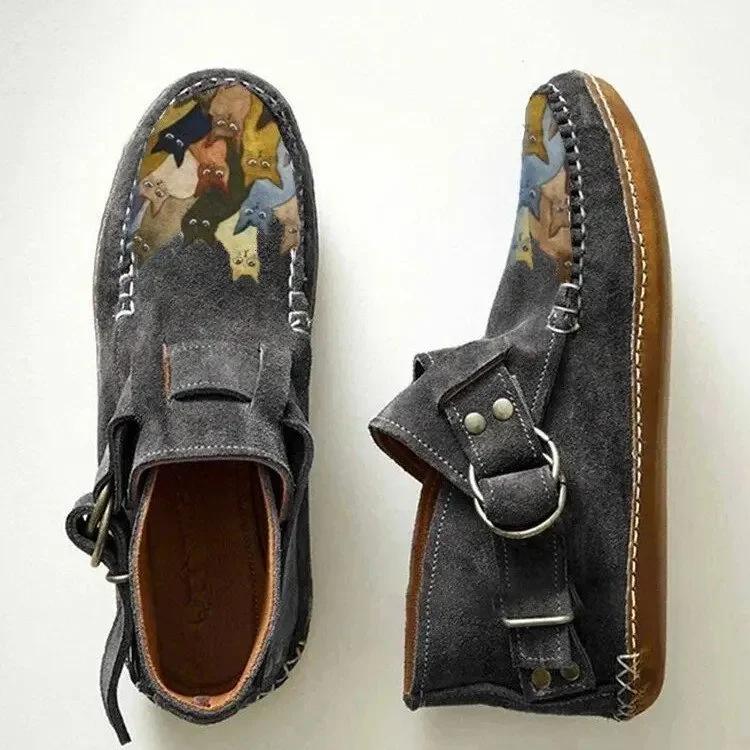 Winter Damen Schuhe Damen Komfort Cartoon Katze Bedruckt Leder Flach Knöchelhohe Stiefel Knopf Lässig Botas De Mujer Stiefel für Damen