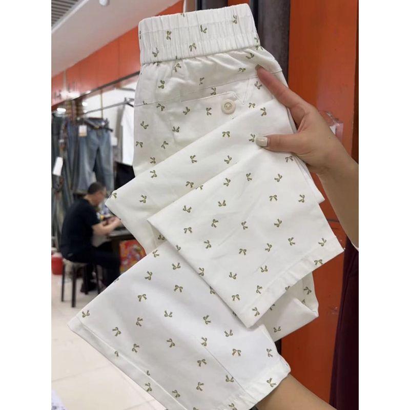 

Thin Washed Cotton Loose High Waist Print Cropped Pants White M