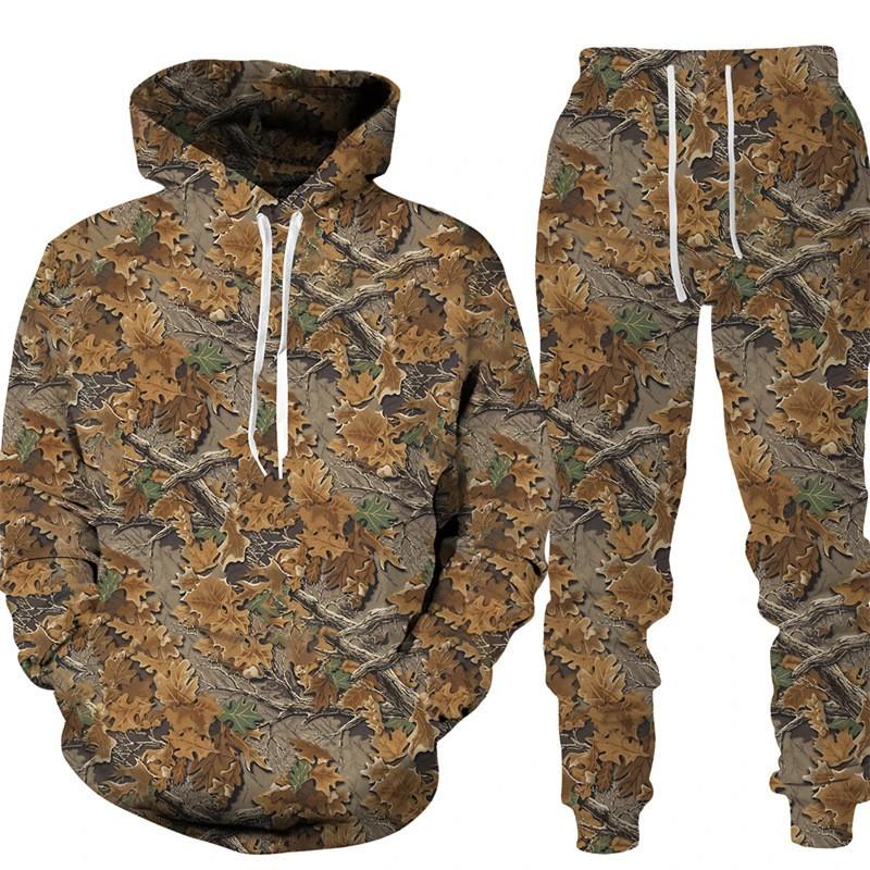 Mens 3D Leaf Print Hooded Sweatshirt Jogger Set Air Layer Casual Outfit Fall