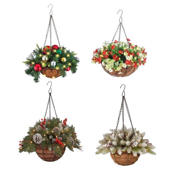 Yousheng Christmas Hanging Baskets Pre-Lit Artificial Basket with LED Lights Pine Cones Berries Winter Outdoor Planter for Outside Porch Front Door