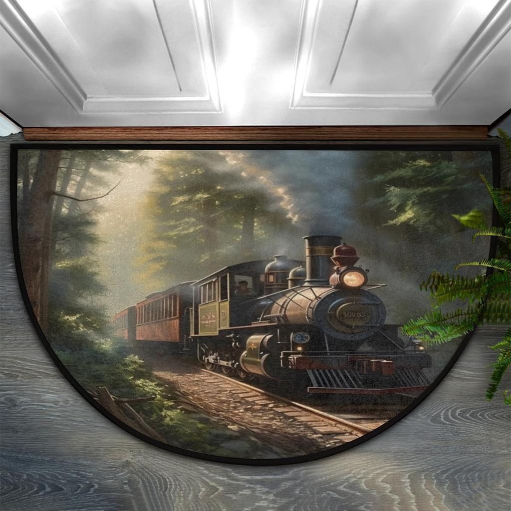 Half Round Door Mat, Steam Trains Non-Slip Half Circle Area Rug Railroad Forest Doormat Washable Durable Home Decor Half Moon Rug for Floor Indoor