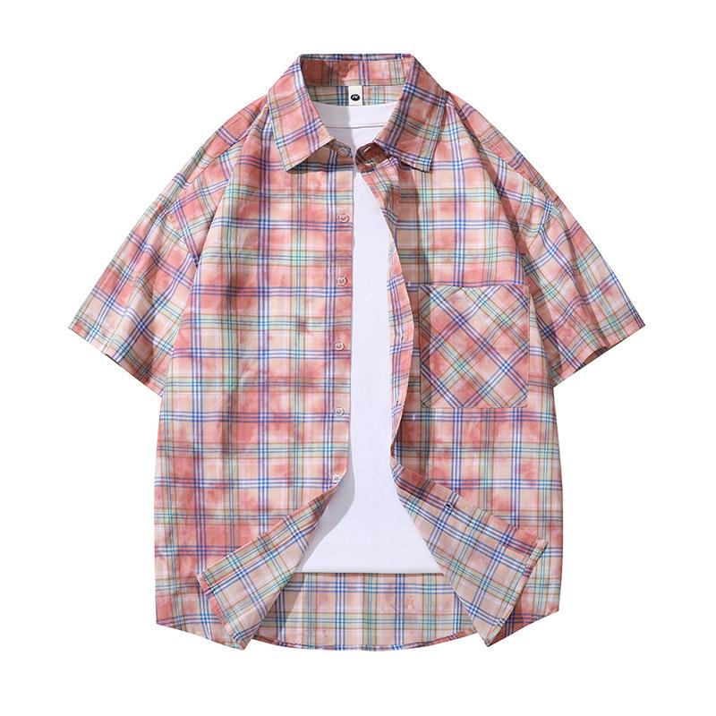 Summer Pure Cotton Couple Plaid Shirt Casual Short Sleeved Versatile Loose Half Sleeved Shirt