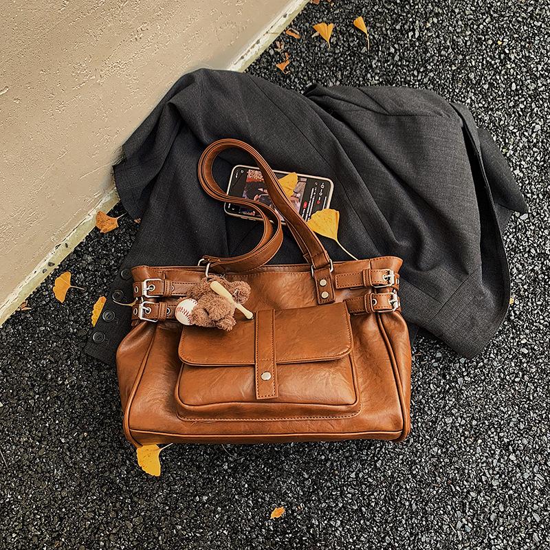 Vintage Tote Bag Women Luxury Belt Buckle Design Multipockets Shoulder Crossbody Bag Large Capacity Casual Handbag With Pendant