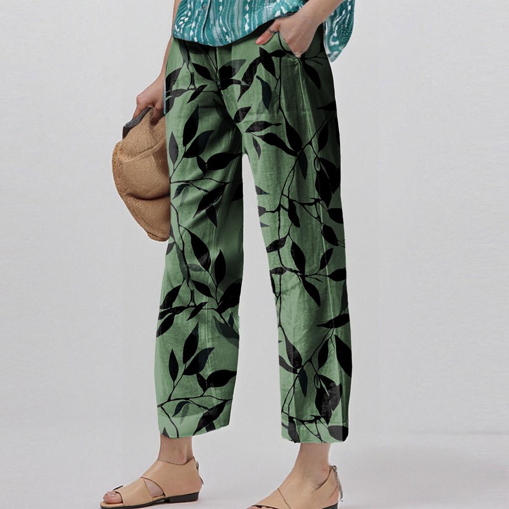 Women's Fashionable Floral Print Straight Leg Pocket Elastic Waist Casual Pants Pants