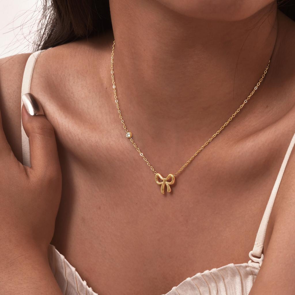 Fashion Stainless Steel Zircon Bow Gold Necklace Ladies