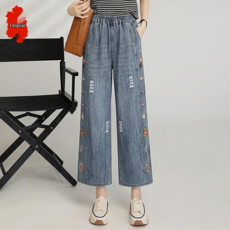 FENGXIAO Women s Vintage Embroidered Loose Straight Cropped Jeans XL