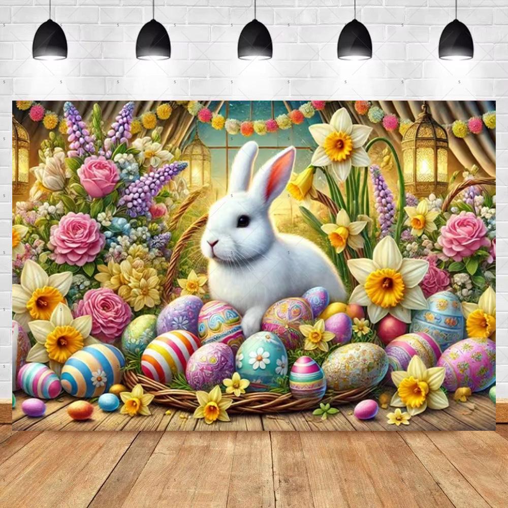 Spring Vibrant Rabbit Backdrop Supplies Happy Easter Theme Background Banner Bunny Easter Eggs Party Decoration Photography Prop