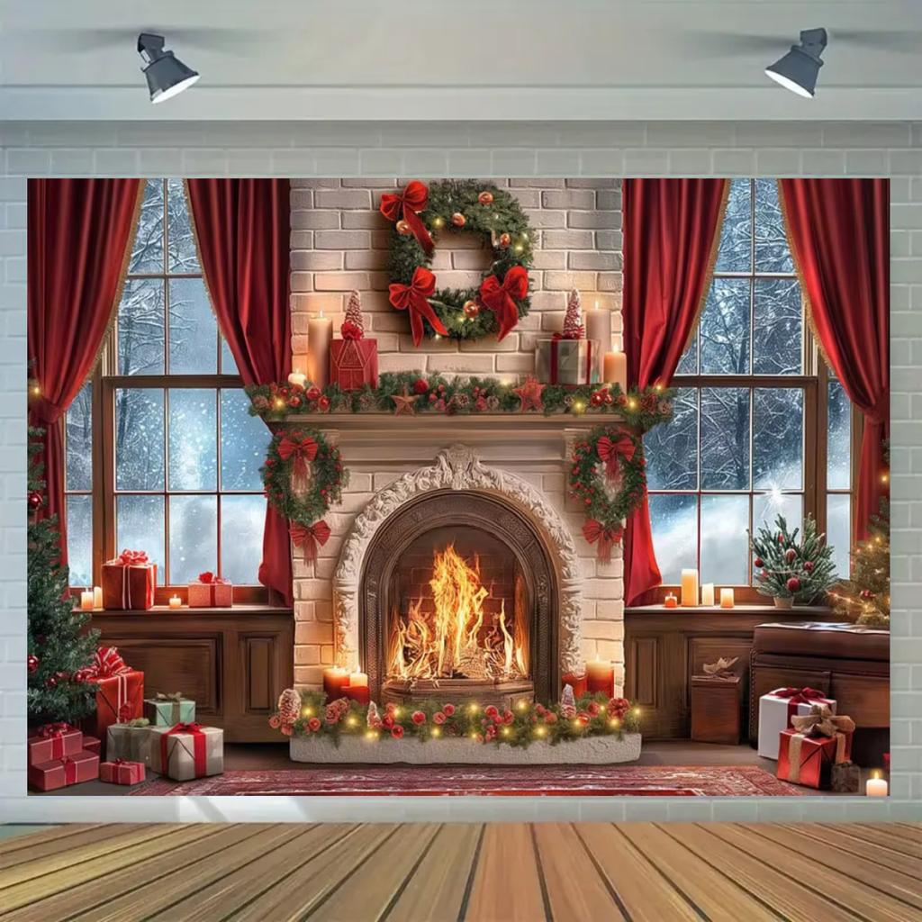 A Christmas fireplace background - soft scene with warm fire and wrapped gifts, suitable for general celebrations,no electricity