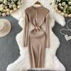 Spring Autumn Women Full Sleeve Knitted Sweater Office Work Slim Bodycon Pencil Dresses with Belt