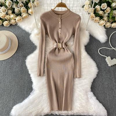 Spring Autumn Women Full Sleeve Knitted Sweater Office Work Slim Bodycon Pencil Dresses with Belt