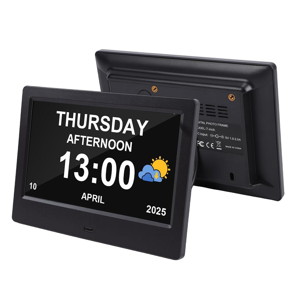 7 Inch Digital Calendar Clock Power Out Memory Auto Dimmable Video Image Playback Calendar Clock with Reminders 12
