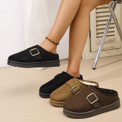 Women's Winter Fur One Plush Lining a Foot Stirrup Warm Cold Lightweight Hiking Waterproof Non-slip Soft Bottom Belt Buckle Snow Boots Cotton Slippers