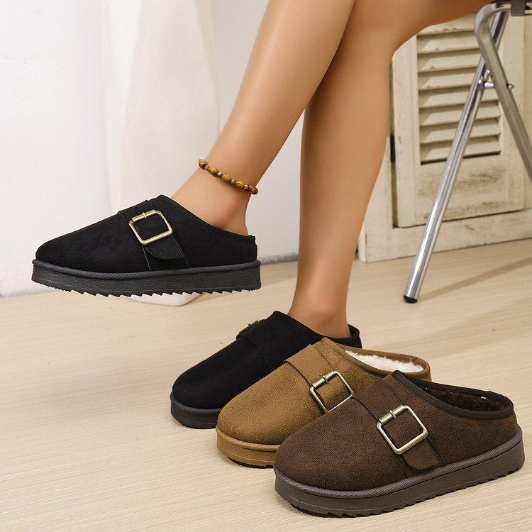 Women's winter fur one plush lining a foot stirrup warm cold lightweight hiking waterproof non-slip soft bottom belt buckle snow boots cotton slippers