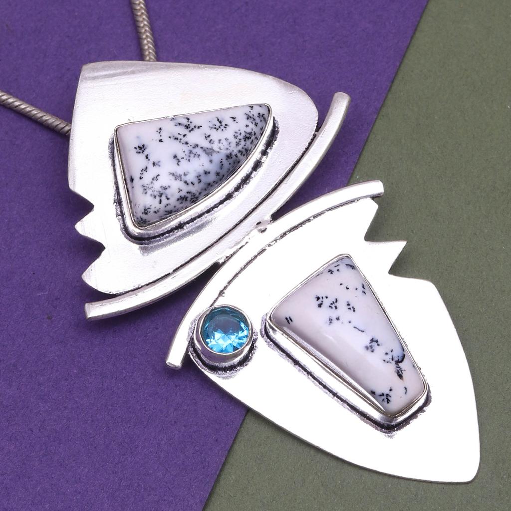 Dendritic Opal Sky Blue Topaz  Mother's Day Silver Jewelry Pendant  2.5"