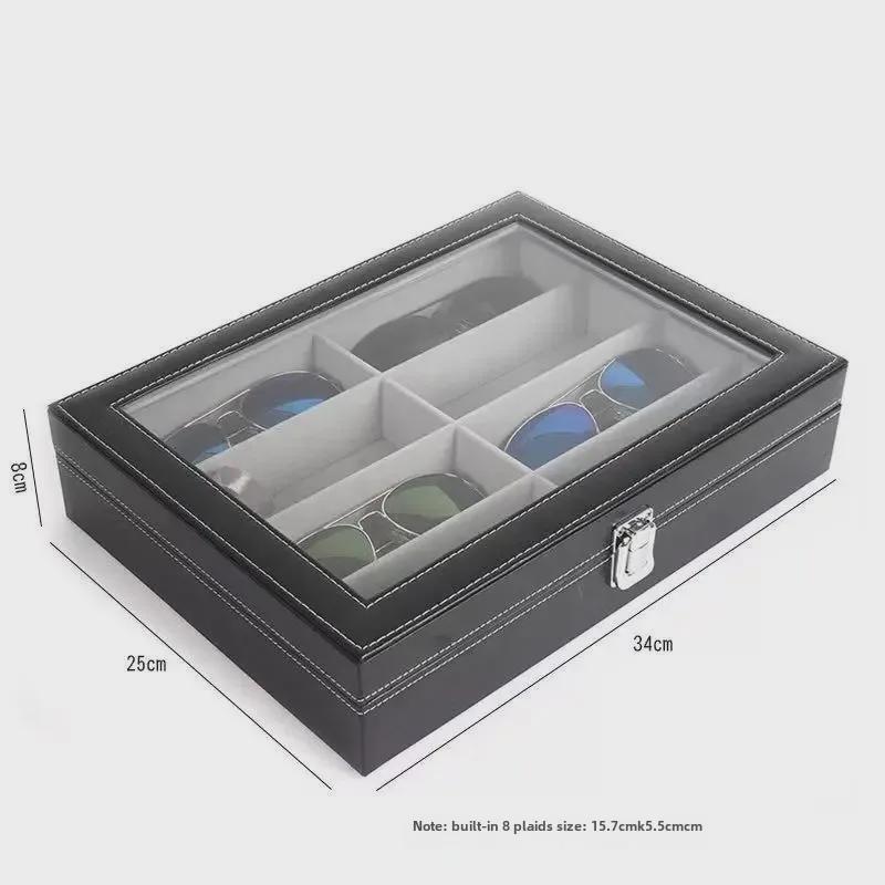 Leather Sunglasses Storage Box with 8 Compartments - Fashionable Multi-Compartment Display for Large Glasses