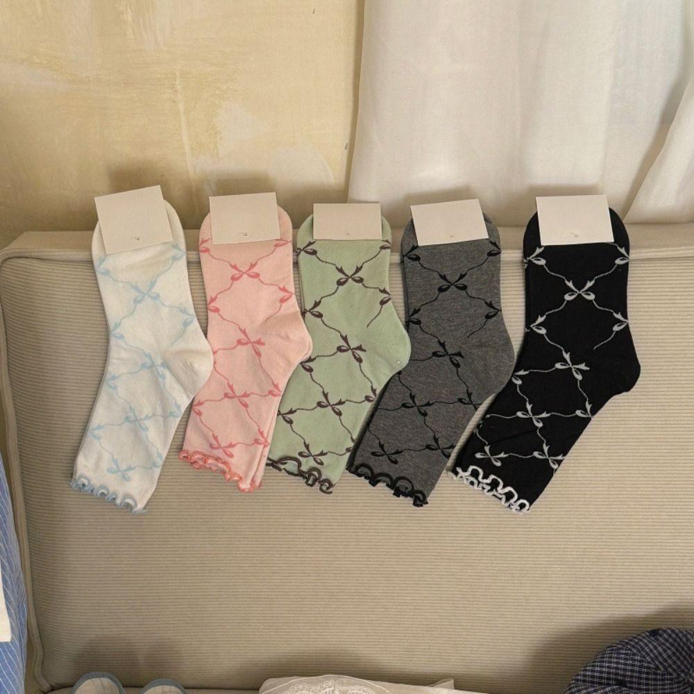 5Pairs Breathable Mid Tube Socks Thin Cotton Sweet Socks Women Fashion Ruffle Bow Socks  Streetwear