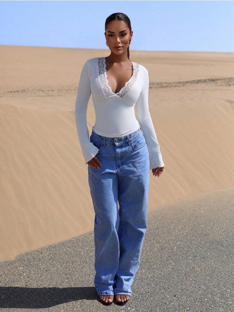 V-Neck Splicing Lace Floral Sexy Hotties Long Sleeve Slimming T-Shirt Versatile Closet Essential Fashion Items Shirt