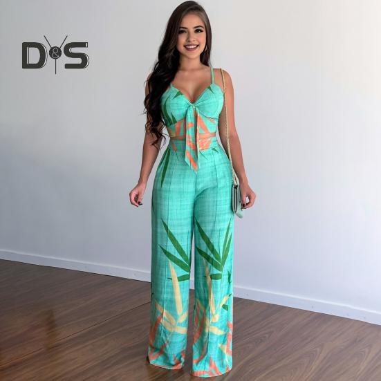 2 Pcs/Set Women Vacation Outfit V Neck Backless Sleeveless Camisole High Waist Wide Leg Printed Pants Set Beach Crop Top Trousers Set Resort Wear