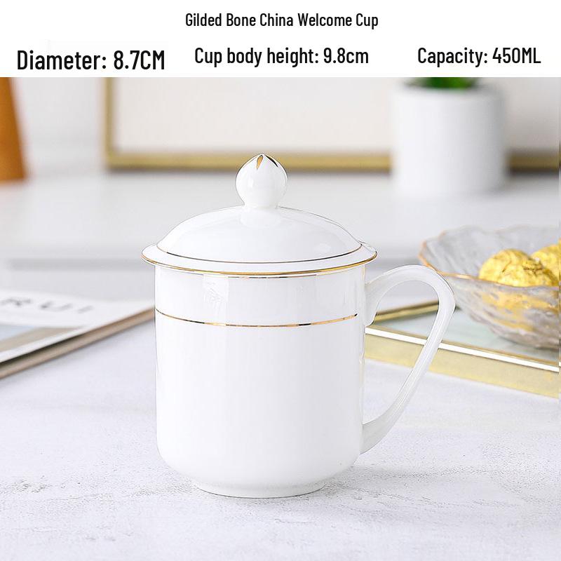 Gold-Edged Bone China Teacup with Lid - Elegant Porcelain Office & Household Ceramic Mug