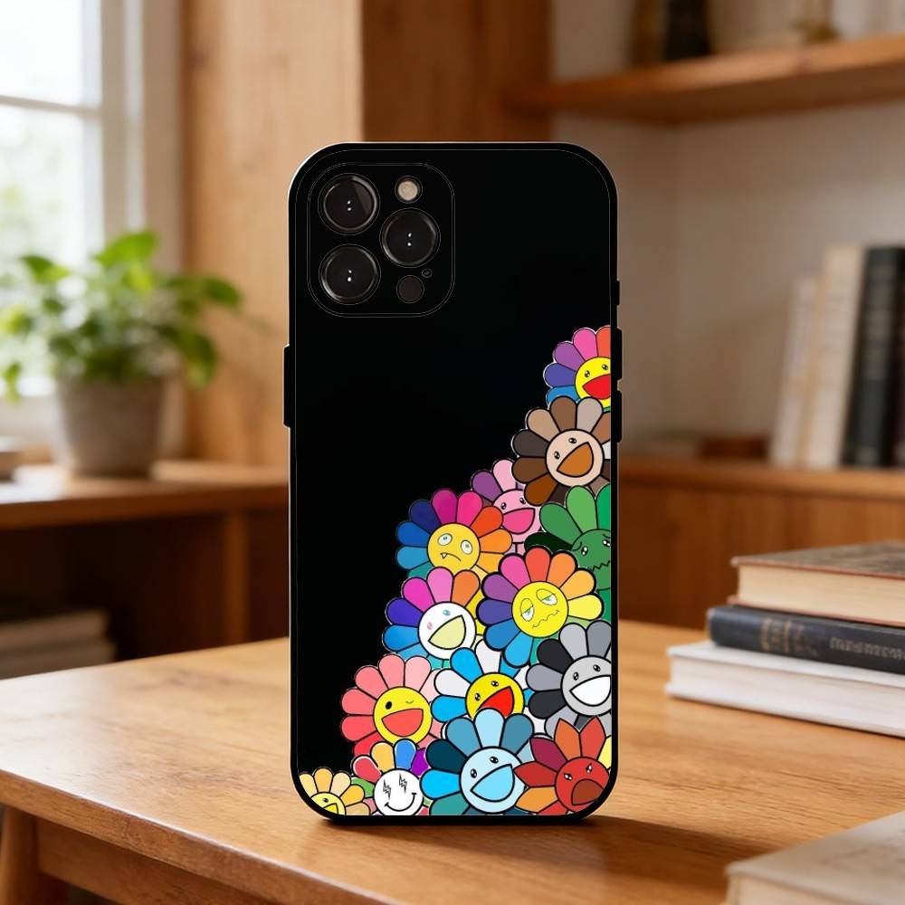 Vibrant Pop Trend M-MurakamiS Art Phone Case For iPhone17,16,15,14,13,12Plus,Pro Max,XS,5G Soft Silicone Black Cover