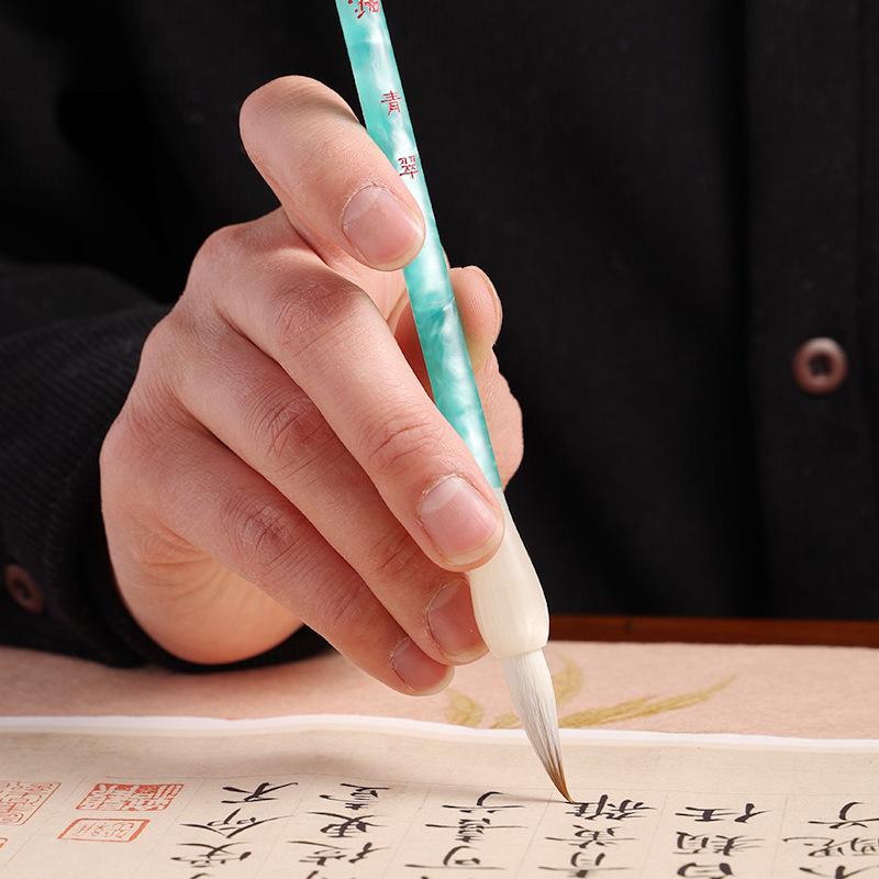 Pincel de Caligrafía Zou Wenguang con Jade Verde y Pelo de Cabra Mango Acrílico para Pintura China – Grado Profesional Principiante.