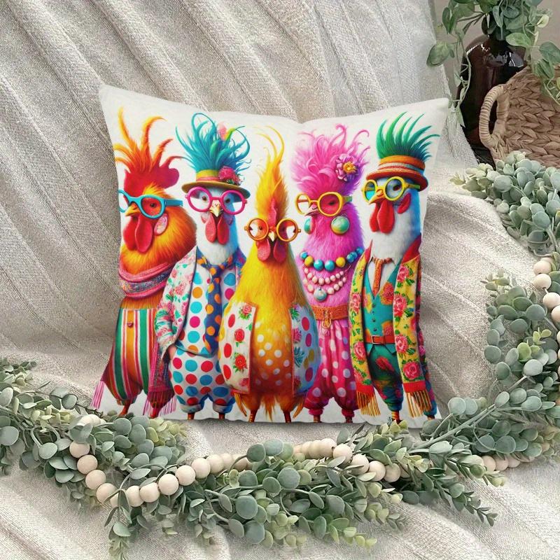 2D flat-Funky Fashion Rooster Throw Pillow Cover,Vibrant Anthropomorphic Chicken Decorative Pillow Case