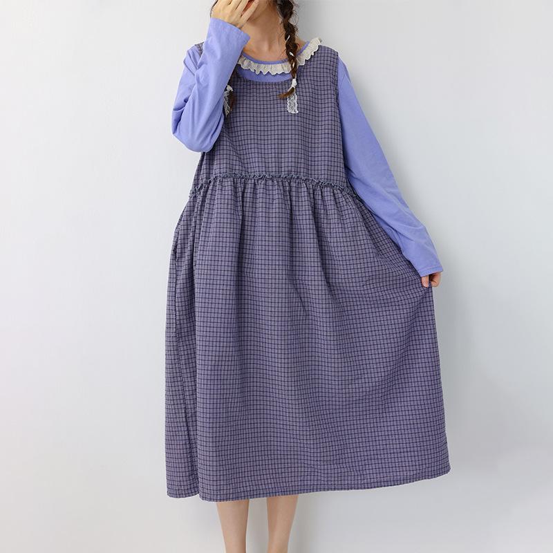 2026 Spring Artistic Sleeveless Layered Long Vest Dress - Fresh Japanese Plaid Design One Size фиолетовый