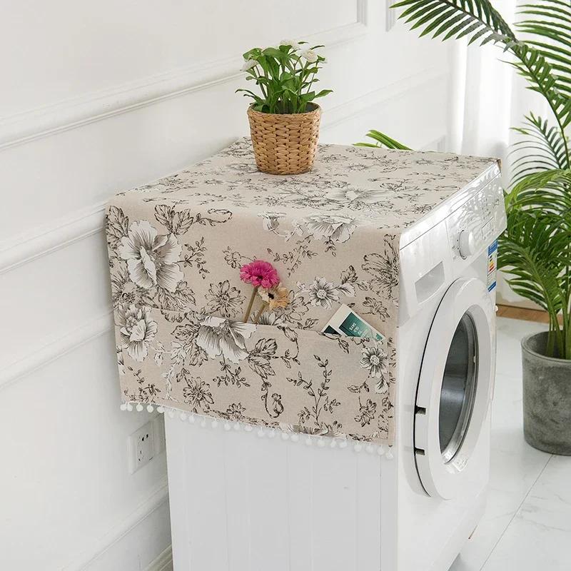 Drum Washing Machine Cover Dustproof Refrigerator Microwave Oven Cover with Pocket Protector Printing Cotton Household Dustcover