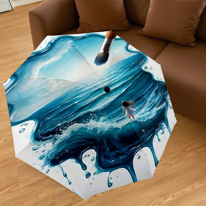 1pc Paintbrush Ocean Automatic Open/Close Umbrella Compact Folding Umbrella with 8-Rib Shaft for Women/Men, Portable Travel Umbrella,1202S