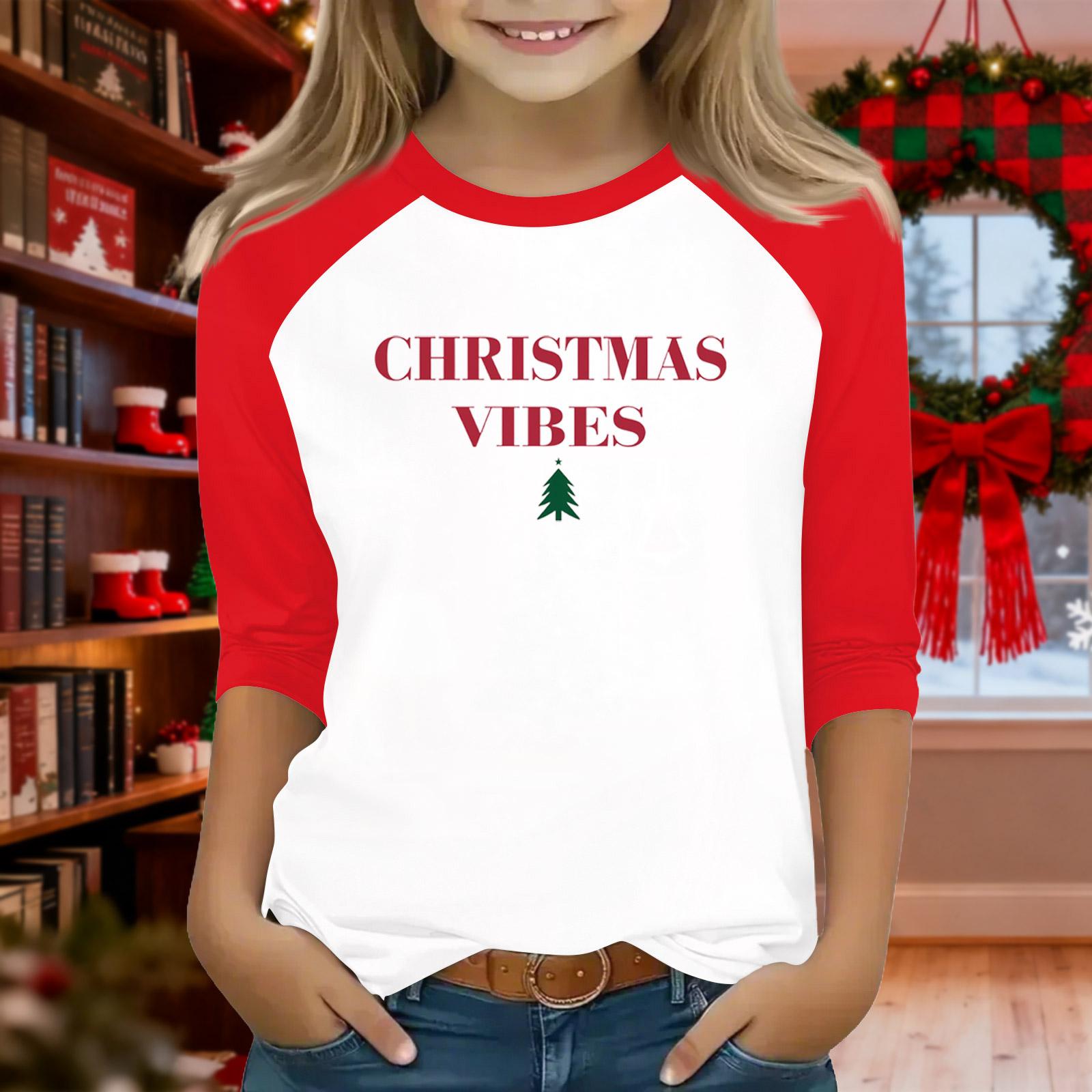 

Tops For Youth Girls 4-16 Years Round Neck 3/4 Sleeves T-Shirts Trendy Tops Outfit Tees Christmas Day 130 червоний