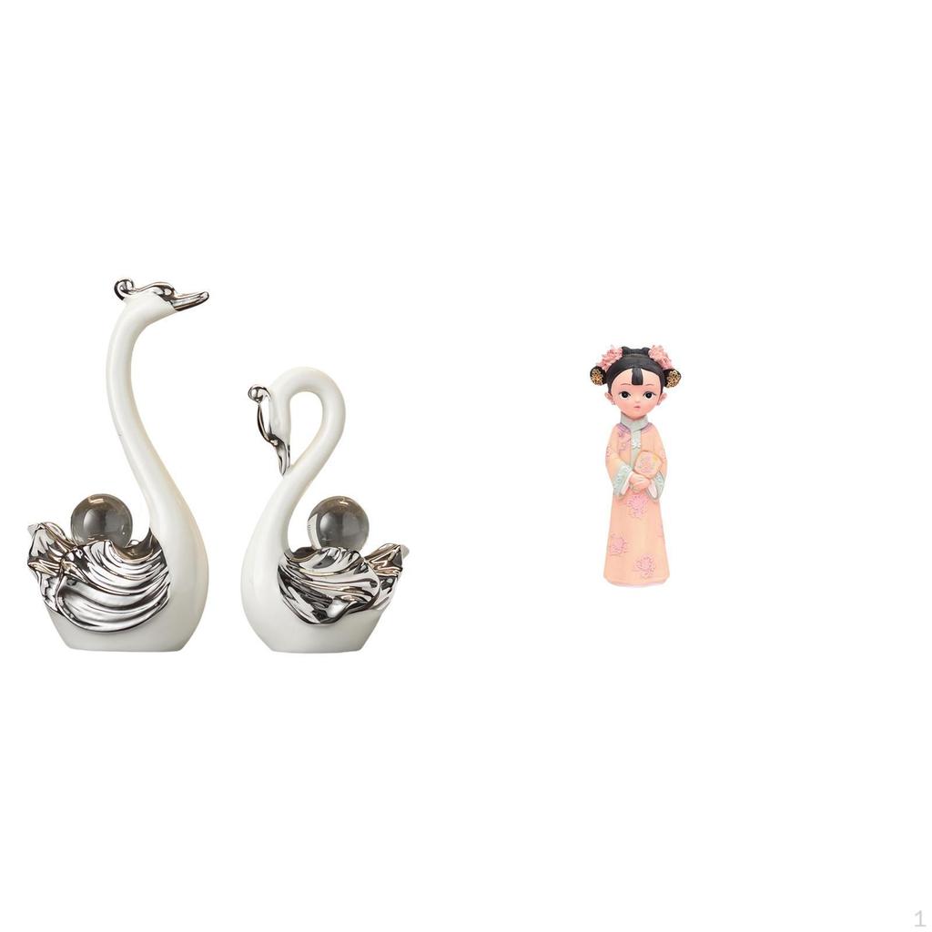 Porcelain Swan And Girl Resin Figurine Collection Traditional Chinese Ancient Miniature Sculpture