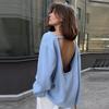 Cotton Pullover Overzie Sweater Women's Sexy Backless Loose Knit Sweater Round Neck Flared Sleeve Solid Color Pull Jumper Autumn/Winter 2025