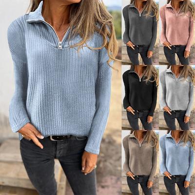 Women's Half Zip Long Sleeve Ribbed Knit Sweater Loose Fit Casual Fall Pullover Top