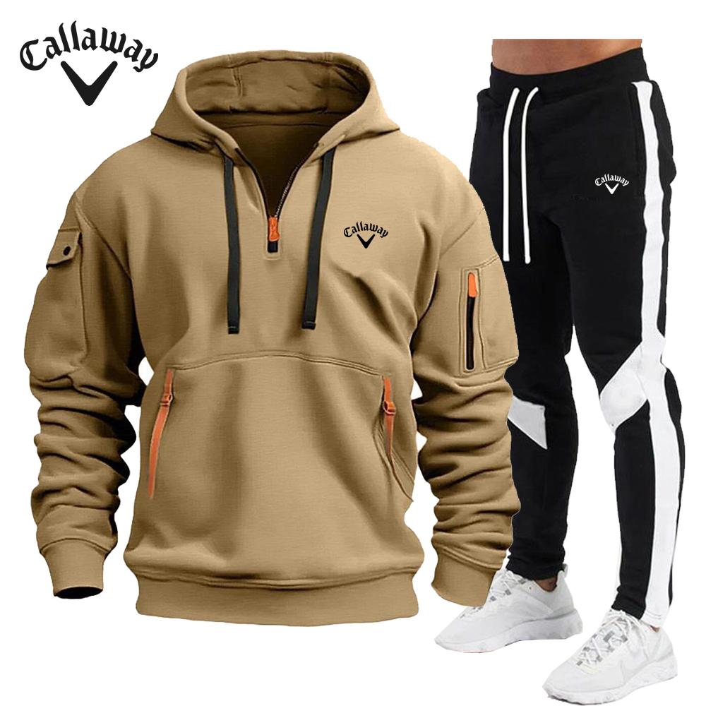 

Callaway Embroidery 2024 New Autumn/Winter Men s Casual Multi Zipper Arm Pocket Hoodie Splice Pants Pullover Large Hoodie Set S