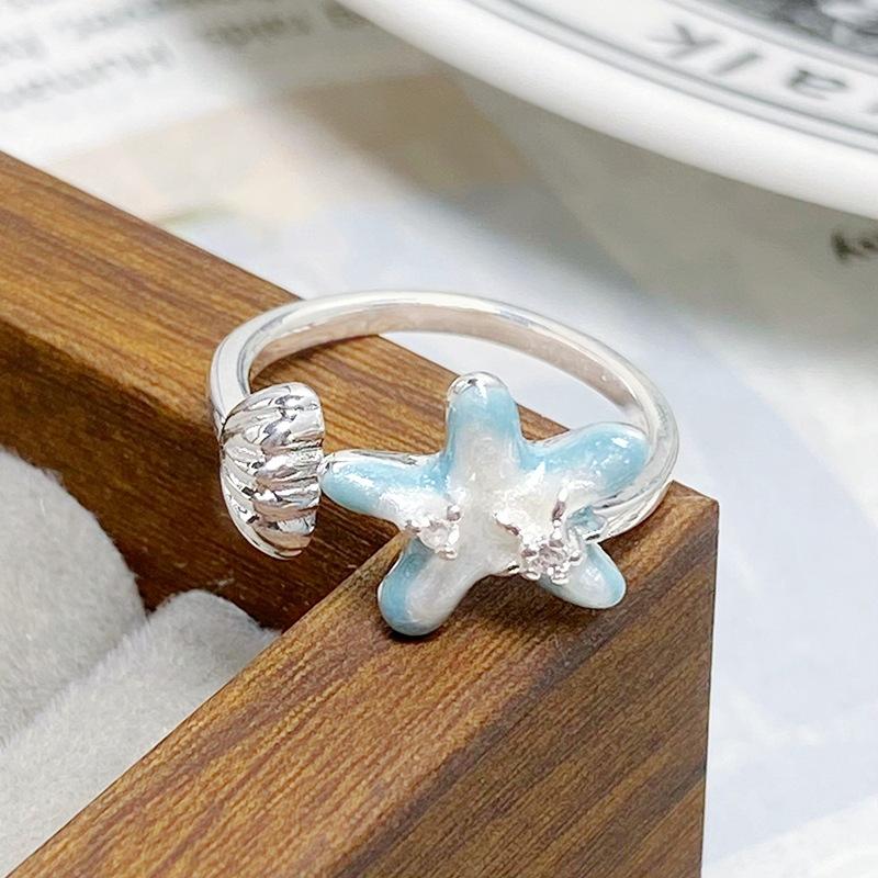 

[Beihaixing Language] Blue Ocean Enamel Oil Dripping Shell Starfish Opening Ring Niche Zircon Stacked Ring Adjustable opening