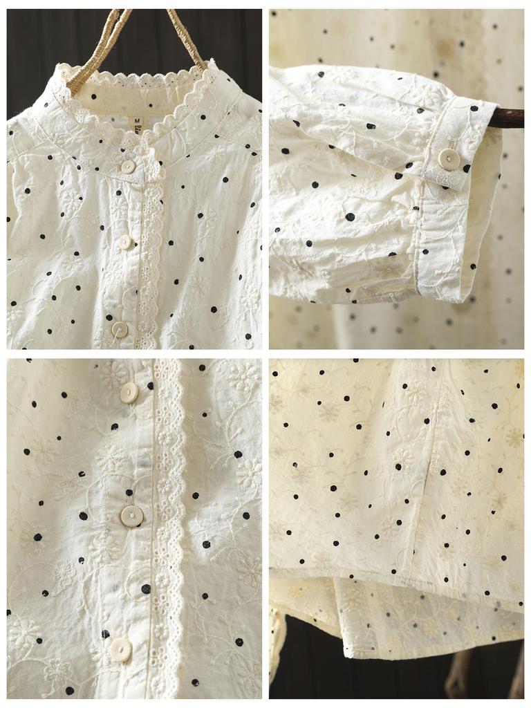 Women's Spring 2026 Polka Dot Lace Collar Cotton Shirt with Embroidered Jacquard Design