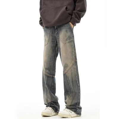 Herren-Denim, amerikanische Retro-Waschung, Distressed-Jeans mit mehreren Taschen, lockere Freizeithose mit geradem Bein für Herren und Damen, trendig