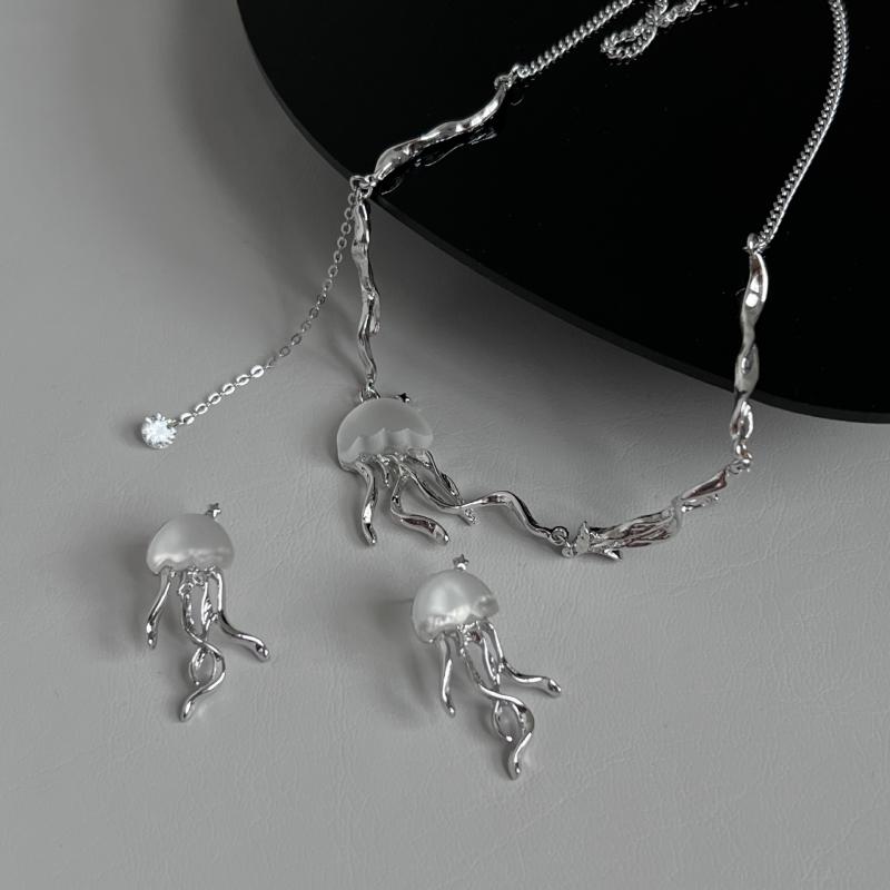 Fashion Design Floating Jellyfish Matte Crystal Earring Necklace Set Creativity Personality Female Acaleph Stud Earrings Jewelry