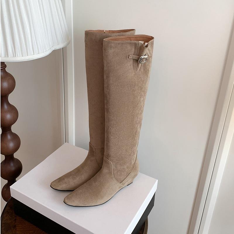 Lazy French Style~ Round Head Inner Height Increase Western Cowboy Boots Pleated Stacking Boots 25 Years Suede But Knee Boots~