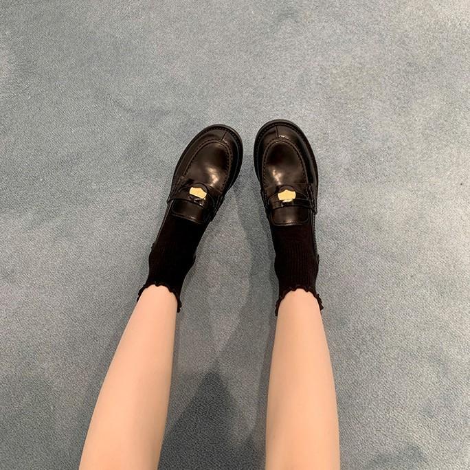 Sheepskin version~ British leather thick-soled black small leather shoes women's gold coins lazy one-pedal loafers flat single shoes