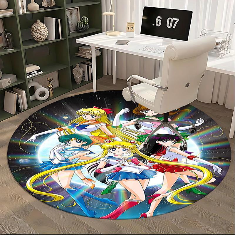 1pc Sailor Moon Anime Cartoon Design Round Carpet  Office Chair Mat, NonSlip Rug for Home Decor, Living Room, Bedroom, Game Room