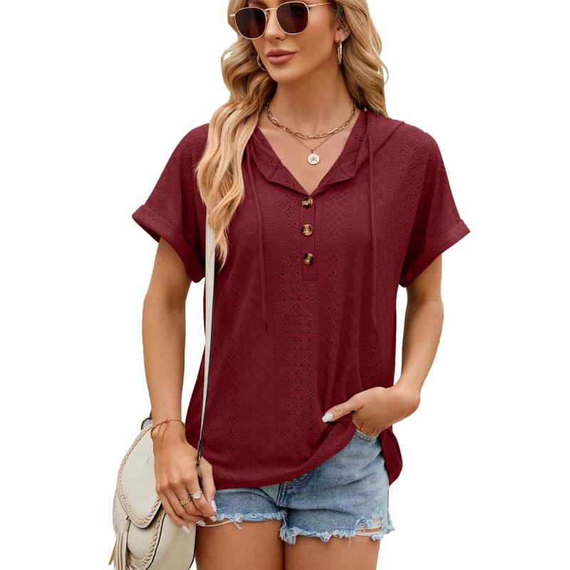 2026 Spring/Summer New Solid Color Buttoned Hooded Loose Short-Sleeve T-Shirt for Women