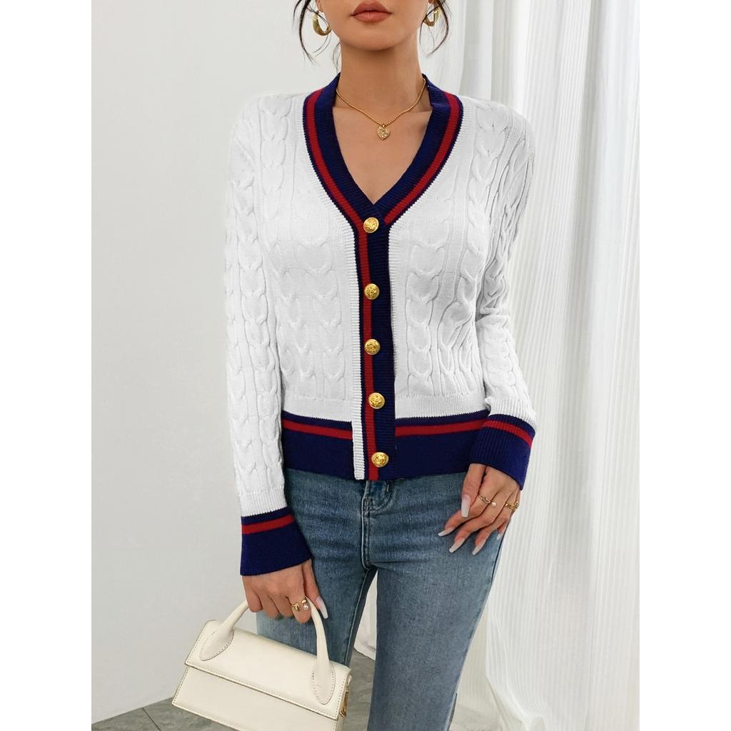 Women's Preppy Style Color Block Linen Blend V-neck Cardigan Sweater Coat For Spring Autumn