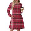 Women's Long Sleeve Pleated Round Neck Plaid Stripe Print Casual Dress With Pockets
