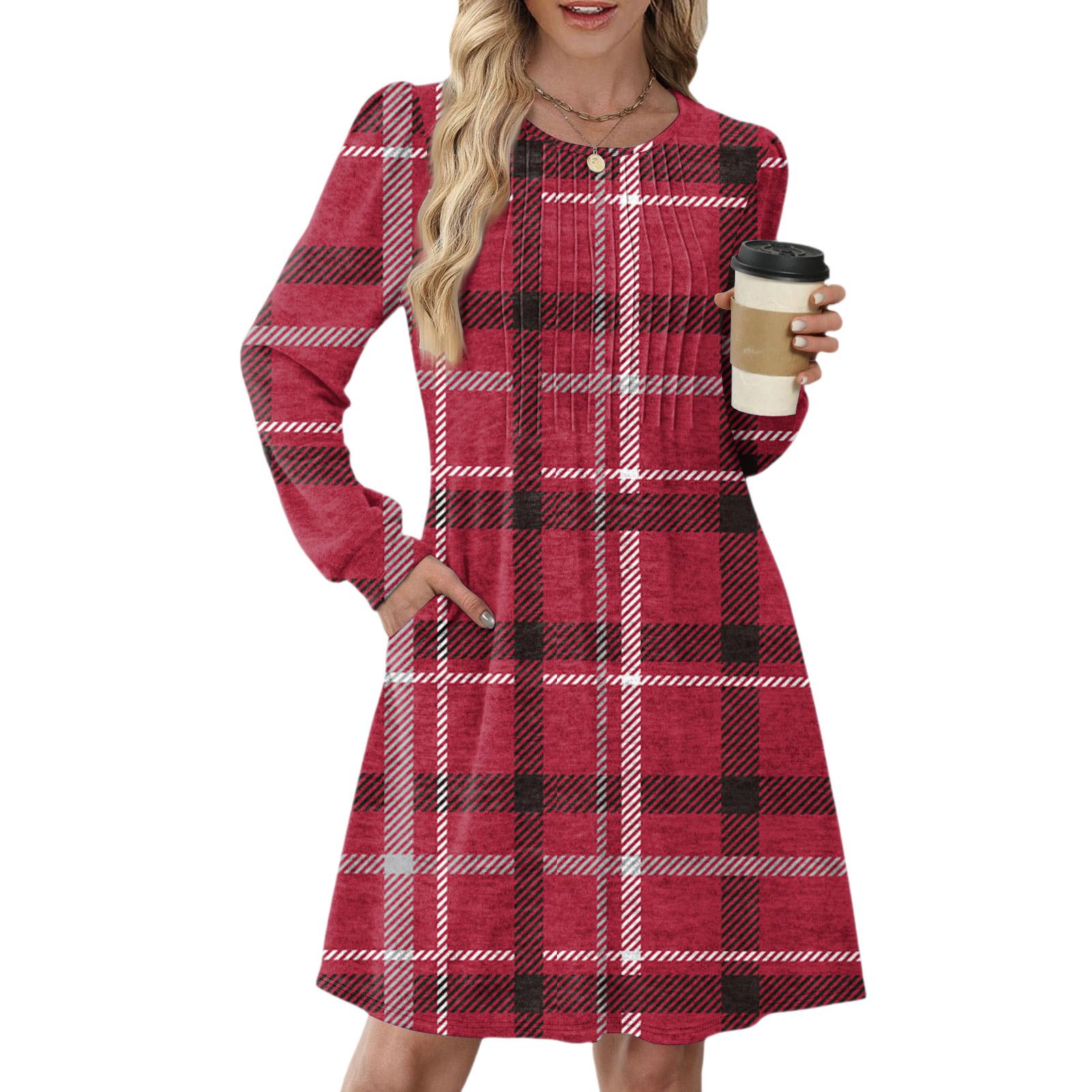 

Women s Long Sleeve Pleated Round Neck Plaid Stripe Print Casual Dress With Pockets S червоний