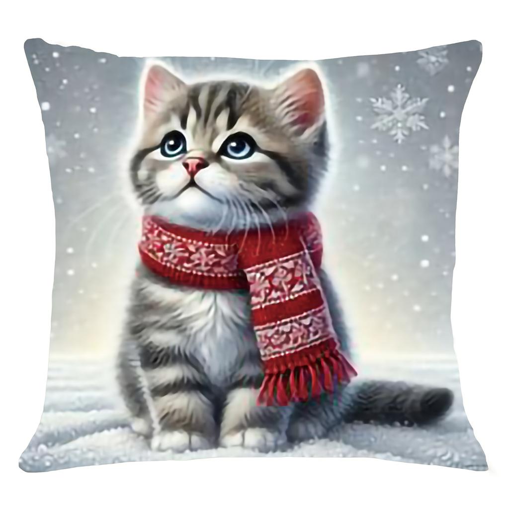 1pc Christmas Cat in Snowy Scene Double-Sided Printed Pillowcase, Soft and Comfortable Short Plush Cushion Cover, Machine Washable, Multiple Sizes Ava